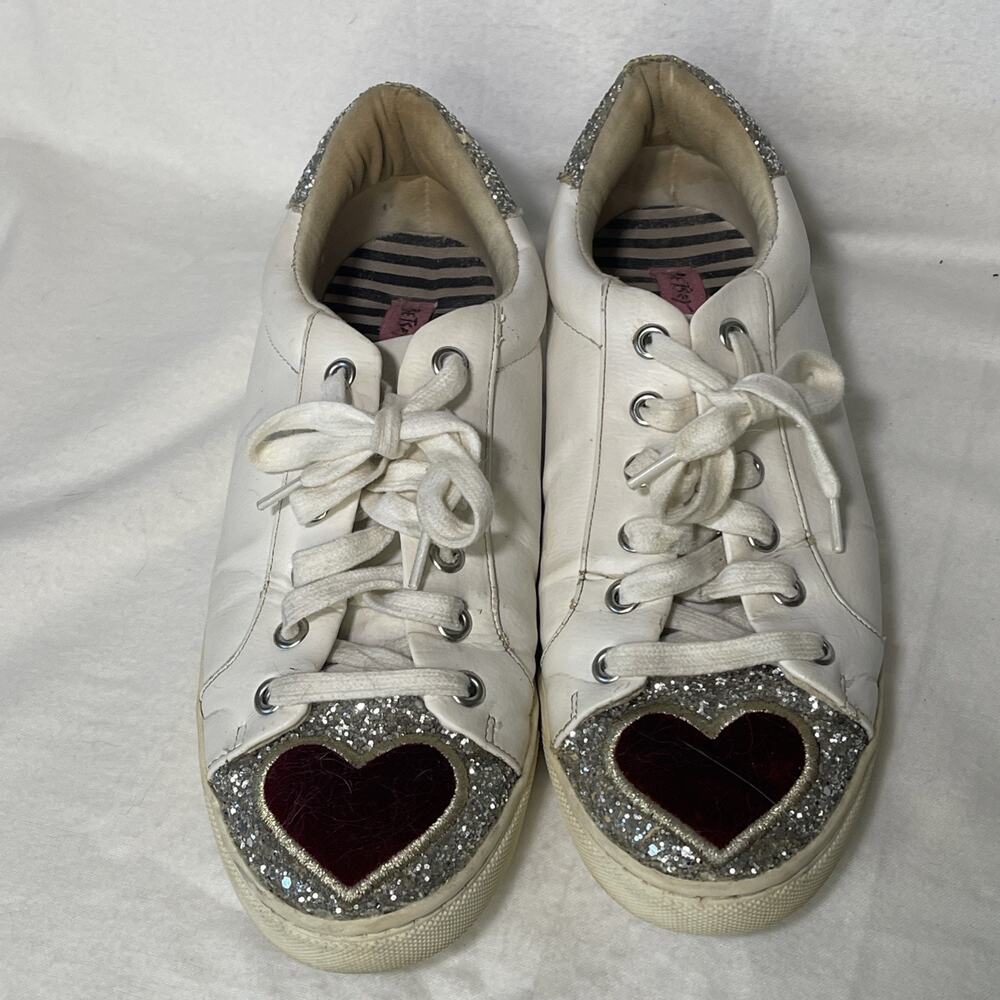 Betsey Johnson White Sneakers with Silver Glitter and Burgundy Heart Accents